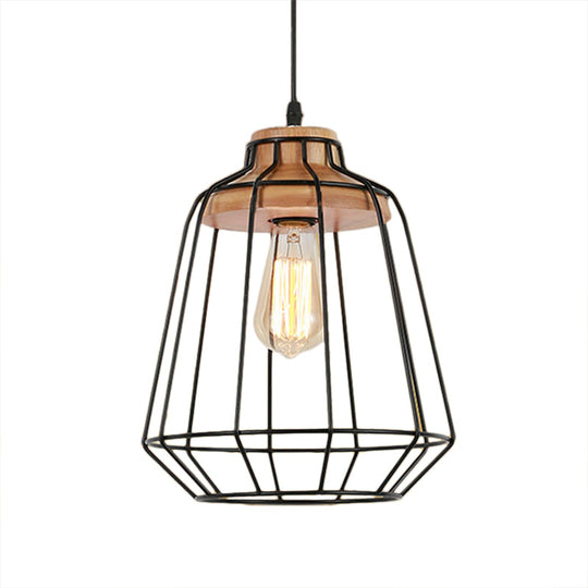 Retro Metal Pendant Light With Barrel/Cylinder Cage Shade - Bedroom Hanging Lamp In Black