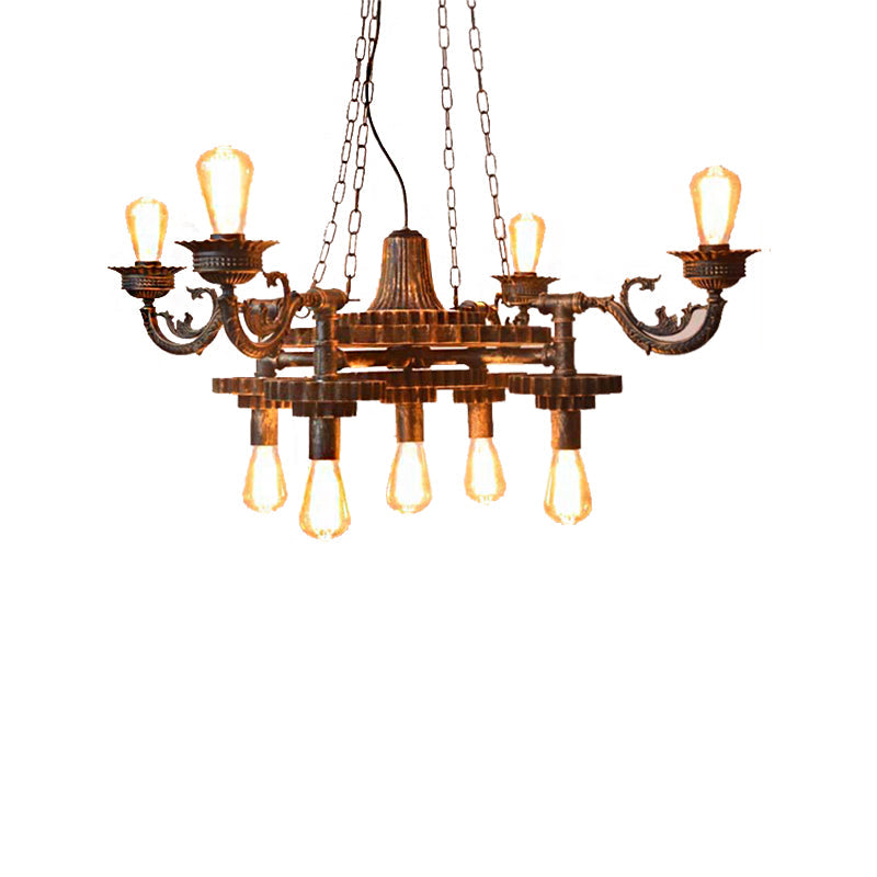 Vintage 9-Light Bronze Chandelier With Exposed Bulbs For Dining Room