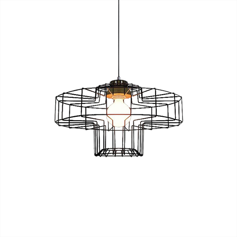Retro Metal Pendant Light With Barrel/Cylinder Cage Shade - Bedroom Hanging Lamp In Black