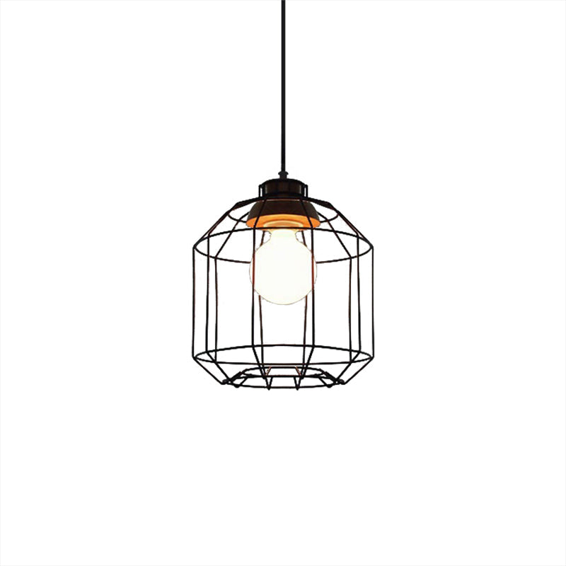 Retro Metal Pendant Light With Barrel/Cylinder Cage Shade - Bedroom Hanging Lamp In Black