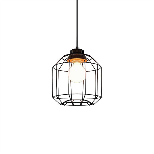 Retro Metal Pendant Light With Barrel/Cylinder Cage Shade - Bedroom Hanging Lamp In Black