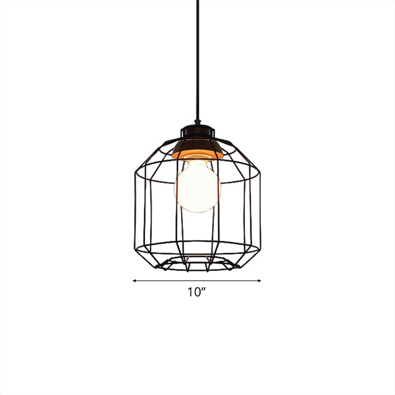 Retro Metal Pendant Light With Barrel/Cylinder Cage Shade - Bedroom Hanging Lamp In Black