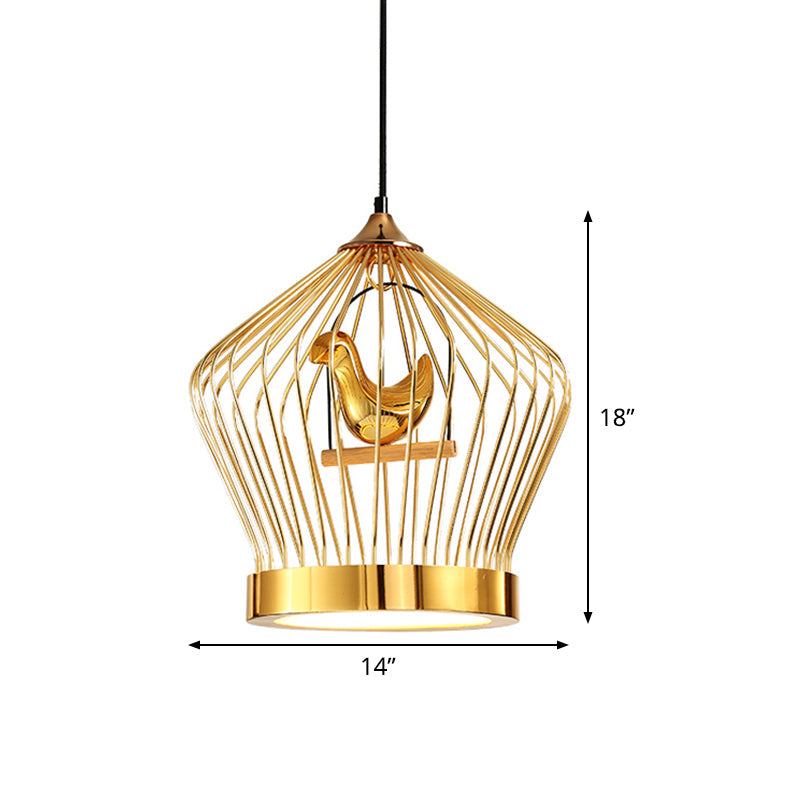Gold Crown Cage Pendant Light With Bird Deco - Simple Metal Ceiling Lamp