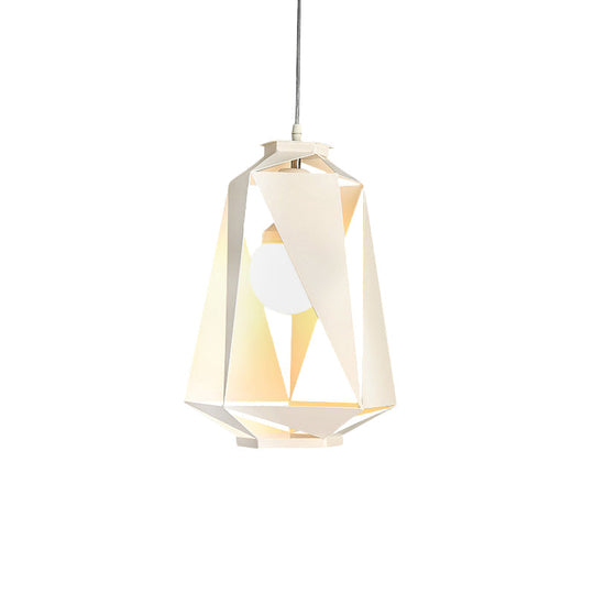 Modern Metal Diamond Pendant Lamp - White Finish Ceiling Hang Fixture With Hollow-Out Design