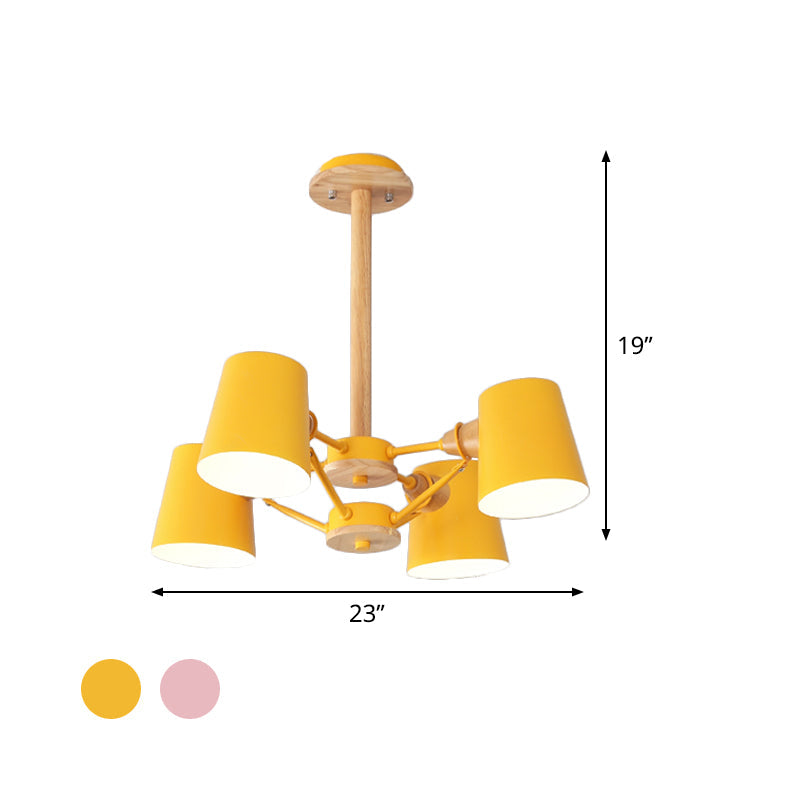 Macaron 4 - Light Semi Flush Ceiling Lamp Pink/Yellow Barrel With Wood Rod