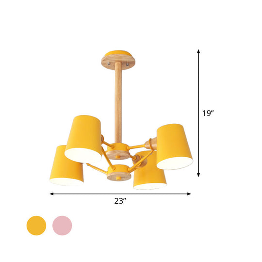 Macaron 4 - Light Semi Flush Ceiling Lamp Pink/Yellow Barrel With Wood Rod