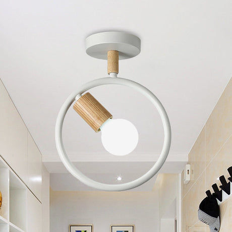Minimalist Circle Metal Flushmount Light With Wood Arm And 1 Bulb - Grey/Green/White Option White