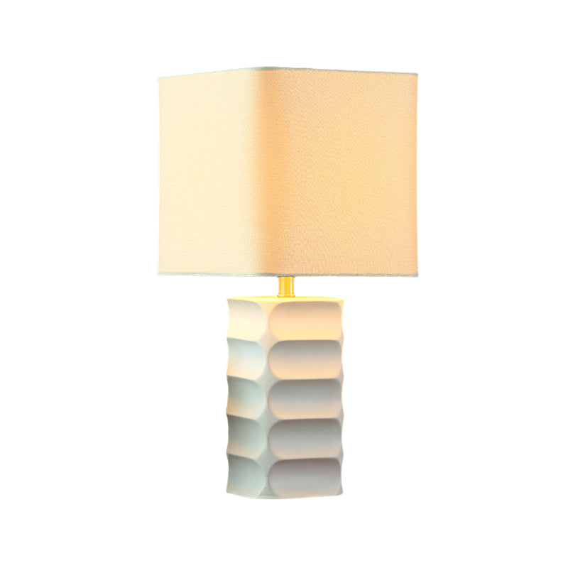 Modernist Small White Desk Lamp - Square Fabric Task Lighting For Living Room