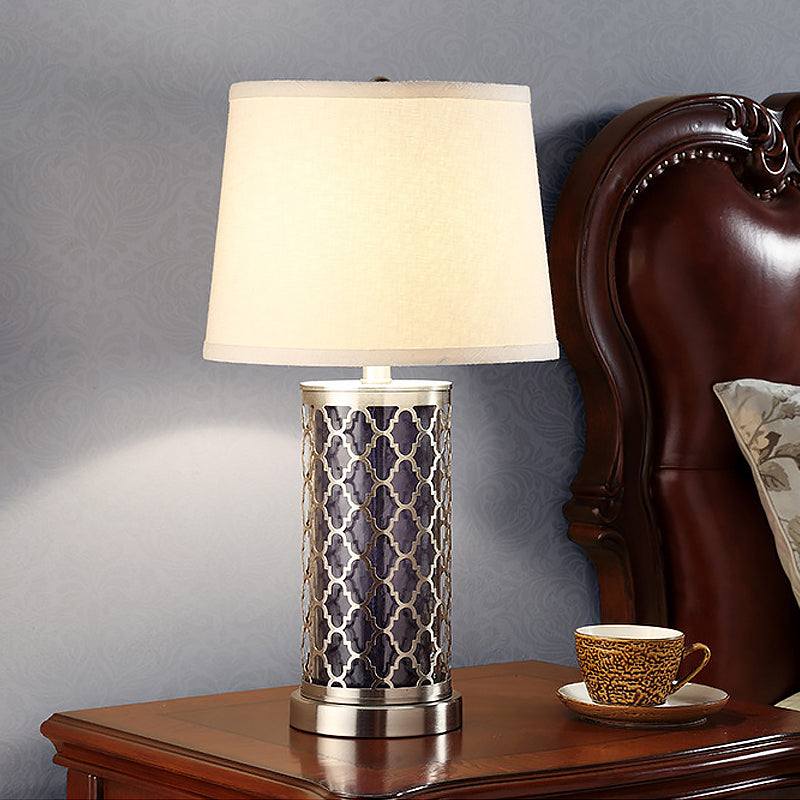 Modern Black Fabric Tapered Drum Nightstand Lamp With 1 Bulb For Reading