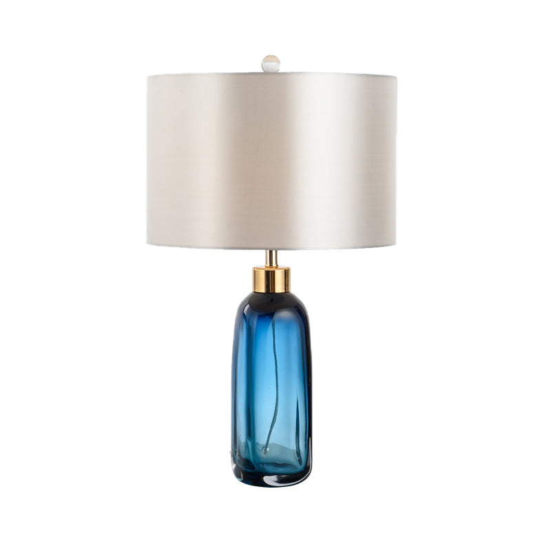 Modern Blue Small Desk Lamp With Cylindrical Fabric Shade - Study Task Lighting