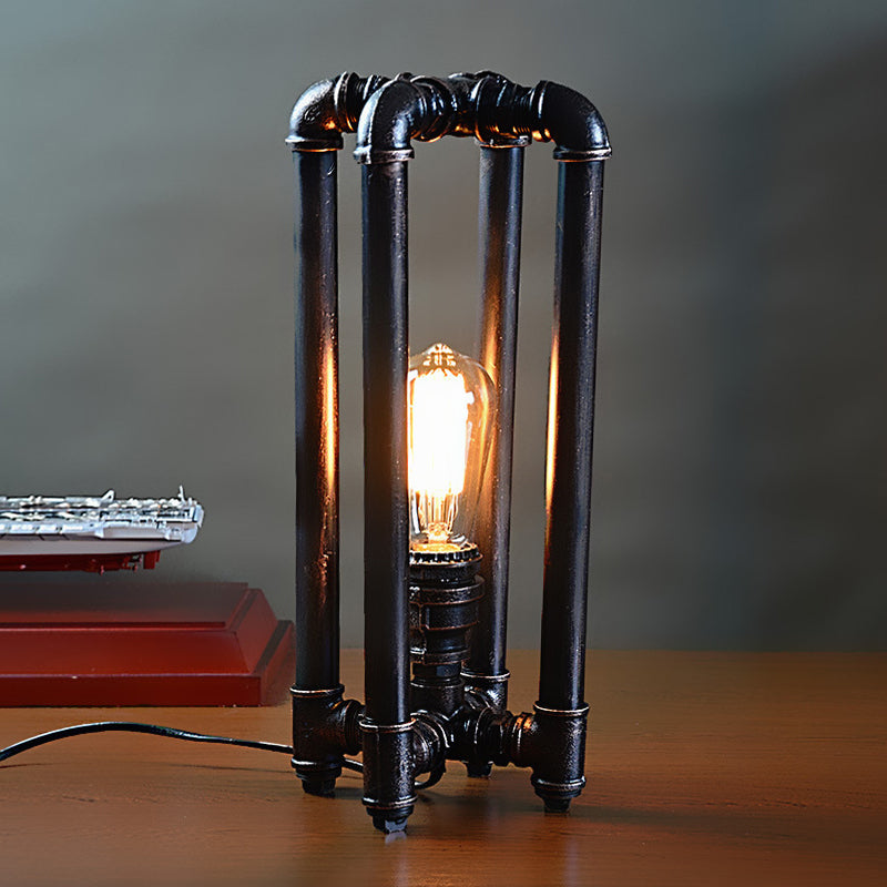 Rustic Iron Table Lamp With Rectangle Cage Design - Black Finish Plug In 1 Light Ideal For