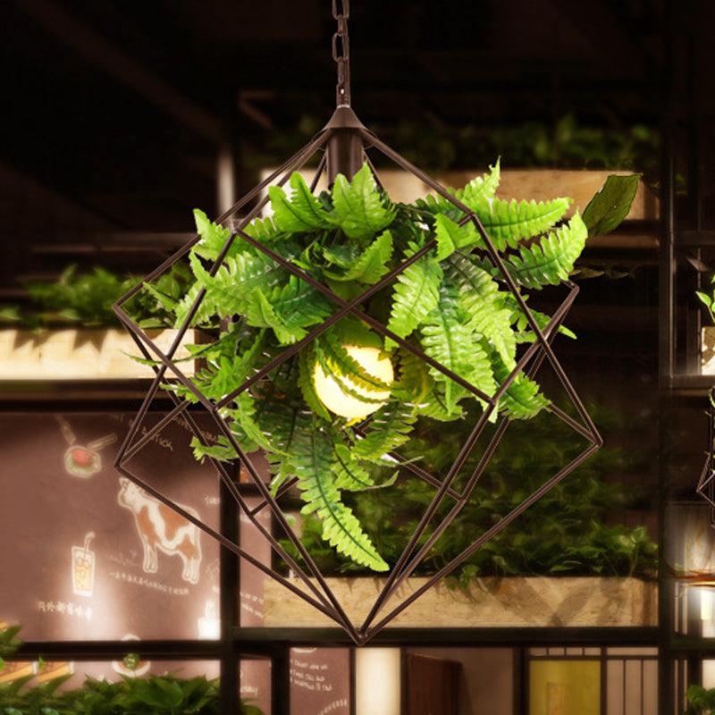16.5/19.5 Metal Pendant Lamp Antique Black Geometric Led Down Lighting For Restaurants With Plant