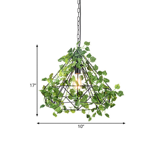 Black Antique Metal Diamond Pendant Lamp - Led Plant Suspension Light For Restaurants