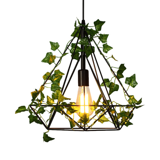 Black Diamond Metal Ceiling Light With Led Down Lighting And Plant - Restaurant Style Pendant