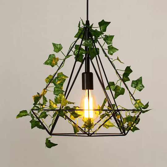 Black Diamond Metal Ceiling Light With Led Down Lighting Pendant And Plant Décor - 10’/15’/18’ W