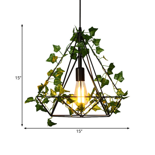 Black Diamond Metal Ceiling Light With Led Down Lighting And Plant - Restaurant Style Pendant