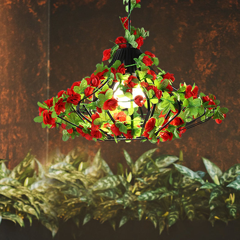 Black/White Metal Cage Hanging Lamp - Antique Style Led Pendant With Flower Decor For Restaurants