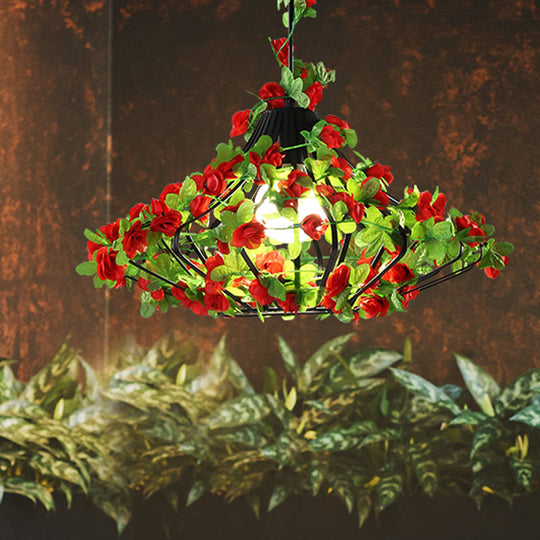 Black/White Metal Cage Hanging Lamp - Antique Style Led Pendant With Flower Decor For Restaurants