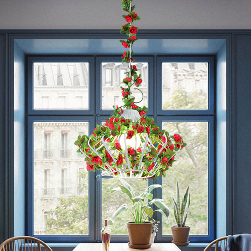 Antique Black/White Metal Cage Hanging Lamp With Flower Decor - Led Suspension Pendant For