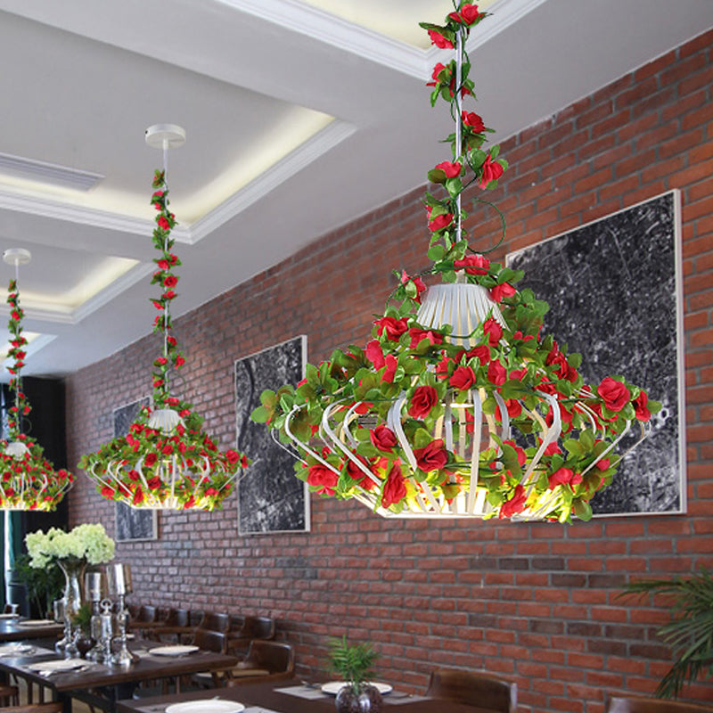 Antique Black/White Metal Cage Hanging Lamp With Flower Decor - Led Suspension Pendant For