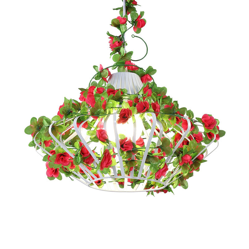 Antique Black/White Metal Cage Hanging Lamp With Flower Decor - Led Suspension Pendant For