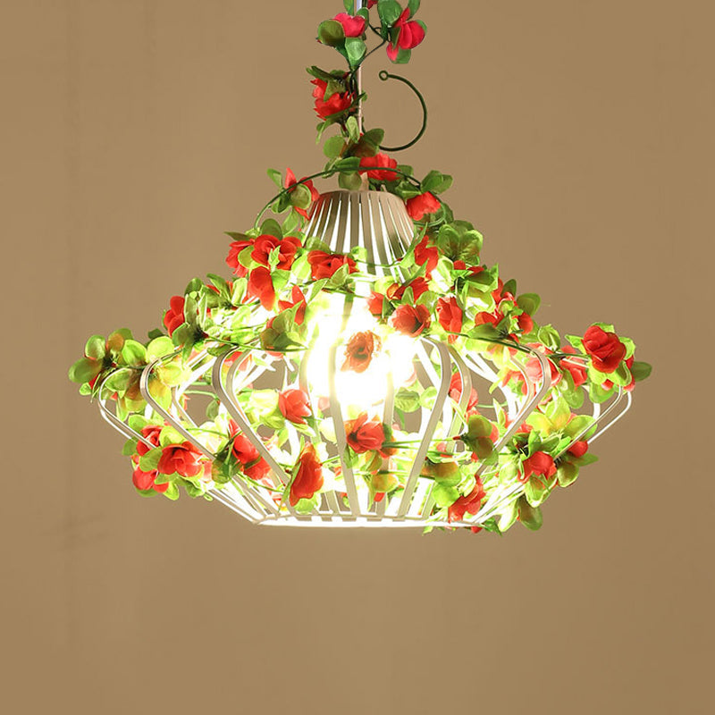 Antique Black/White Metal Cage Hanging Lamp With Flower Decor - Led Suspension Pendant For