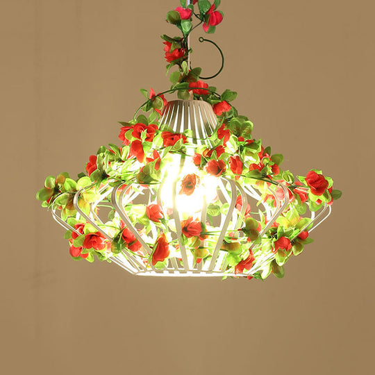 Antique Black/White Metal Cage Hanging Lamp With Flower Decor - Led Suspension Pendant For