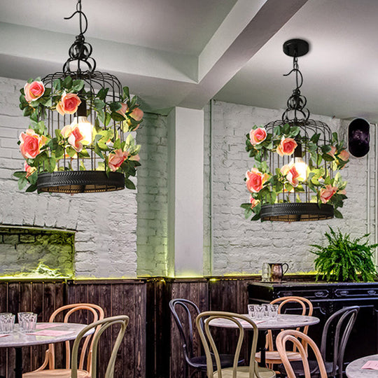 Industrial Metal Birdcage Led Pendant Lamp - Black With Flower Decoration