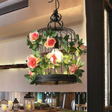 Industrial Metal Birdcage Led Pendant Lamp - Black With Flower Decoration