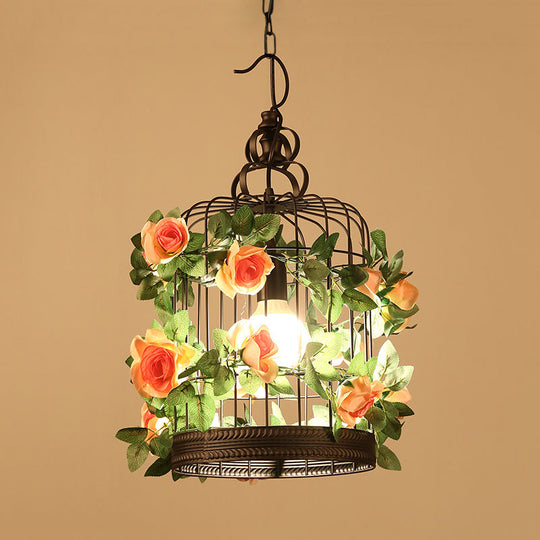 Industrial Metal Birdcage Led Pendant Lamp - Black With Flower Decoration