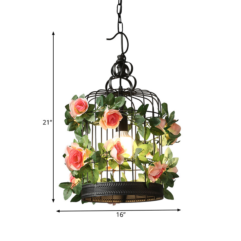 Industrial Metal Birdcage Led Pendant Lamp – Black One Bulb With Flower Decoration
