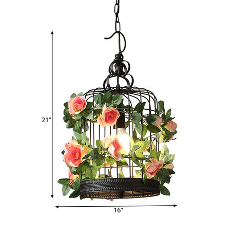 Industrial Metal Birdcage Led Pendant Lamp - Black With Flower Decoration