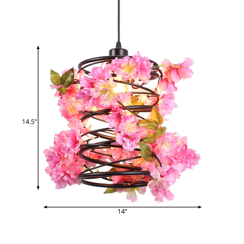 Vintage Metal Spiral Pendant Ceiling Light With Led Flower Design In Black