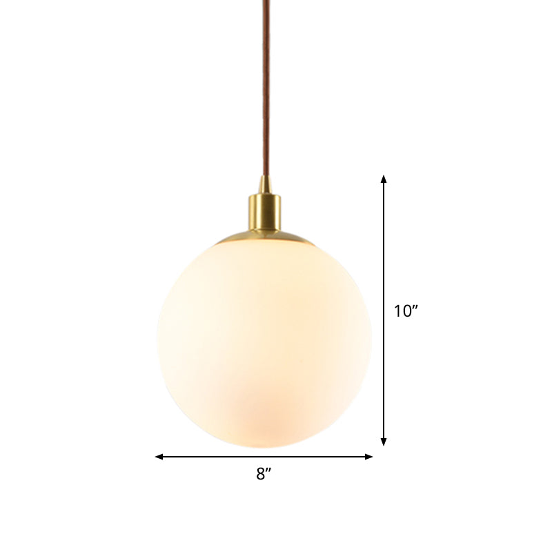 Frosted White Glass Ball Pendant Light - Modern 1-Light Brass Suspension Ceiling Lamp (6/8/10 Width)