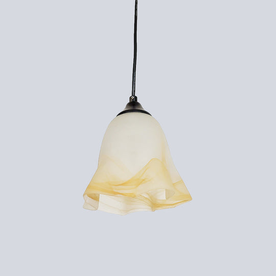 Modern Black Floral Ceiling Hang Fixture With White Frosted Glass Shade - 1-Light Down Light