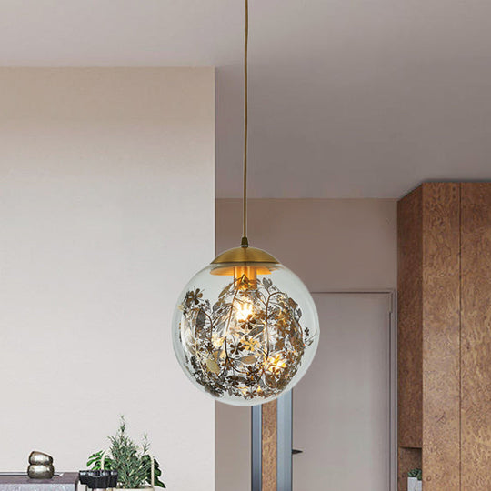 Modern Yellow Ball Pendant Lamp - 1-Head Clear Glass Ceiling Light With Inner Shattered Leaves