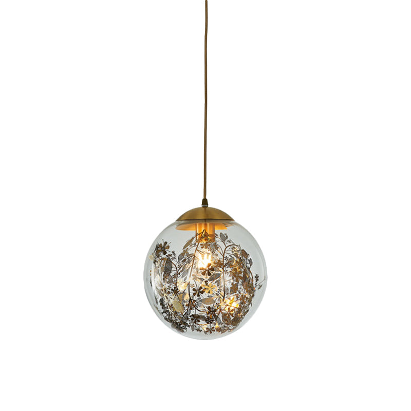 Modern Yellow Ball Pendant Lamp - 1-Head Clear Glass Ceiling Light With Inner Shattered Leaves
