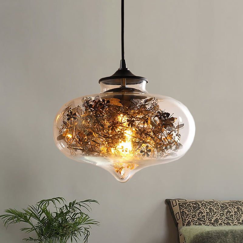 Modern Black Glass Oval Hanging Ceiling Lamp With Shattered Leaf Deco
