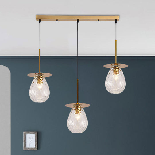 Modern Modo 3-Head Pendant Lamp With Clear Lattice Glass - Dining Room Cluster Light In Brass