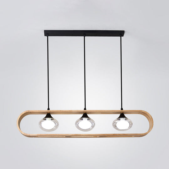 Modern 3-Light Wood Pendant Lamp With Clear Glass Shades In Beige Rectangle Design