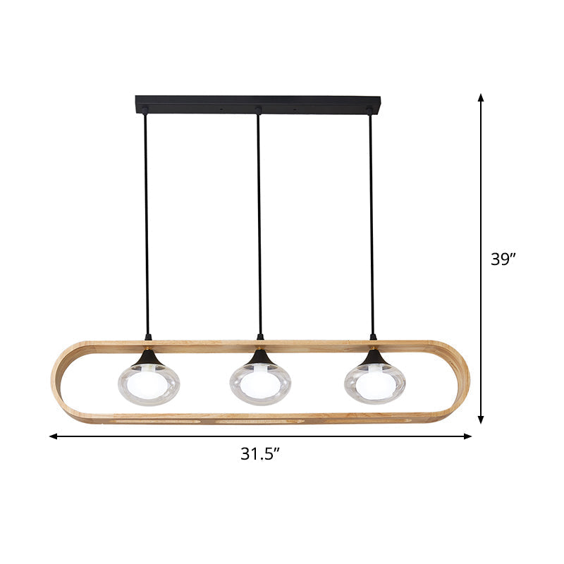 Modern Beige Wood Pendant Lamp With Clear Oval Glass Shades - Triple Head Hanging Lighting