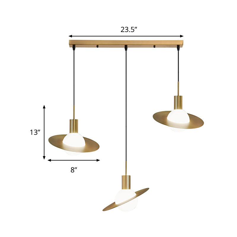 Modernist 3-Head Brass Pendant Light With Panel Ring Detail - Global Milky Glass Cluster Lamp