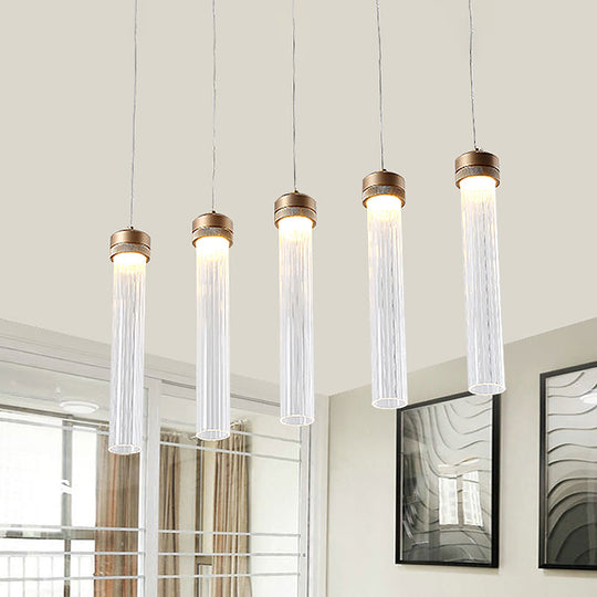 Minimalist Tubular Clear Glass Pendant Light With Brass Finish - 5-Light Cluster Ceiling Lamp