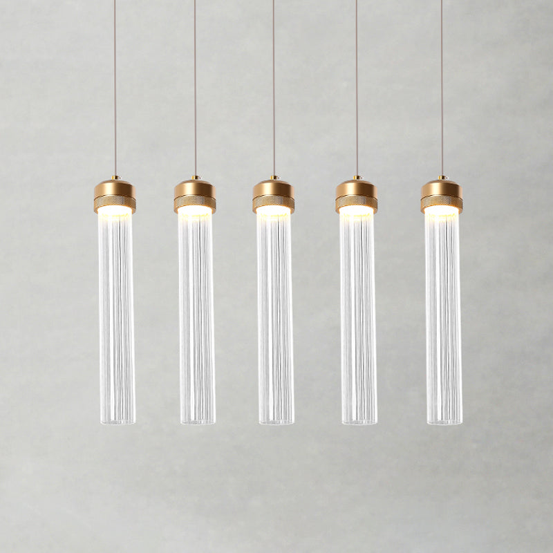 Minimalist 5-Light Clear Glass Pendant Cluster Ceiling Lamp With Brass Accents