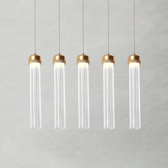 Minimalist 5-Light Clear Glass Pendant Cluster Ceiling Lamp With Brass Accents