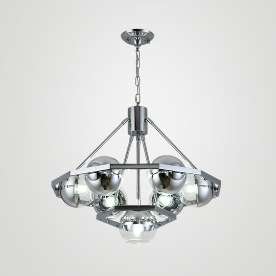 Modern Silver 7-Bulb Living Room Chandelier - 2-Layer Ball Clear Glass Shade Ceiling Hanging Light