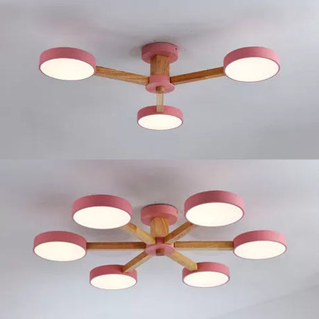 Nordic Snowflake Chandelier: Acrylic Wood Hanging Light Pink & Green - Ideal For Kindergarten