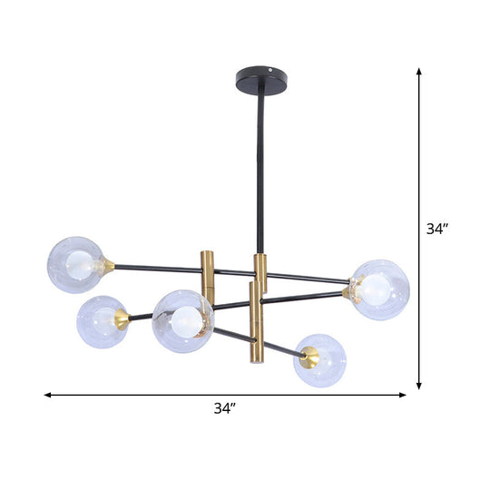 Contemporary Brass Pendant Lamp- 6-Light Bedroom Linear Chandelier With Clear Glass Shades
