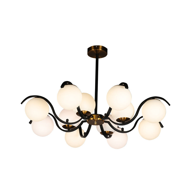 Minimalist Milky Glass Globe Pendant Chandelier - 12 Lights Down Lighting Black Living Room