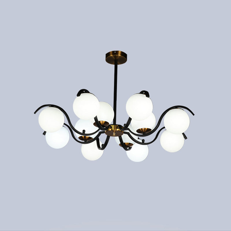 Minimalist Globe Pendant Chandelier - 12 Lights Milky Glass Down Lighting Black